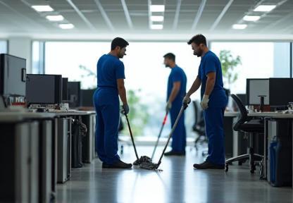 Office cleaning with staff at work at desks